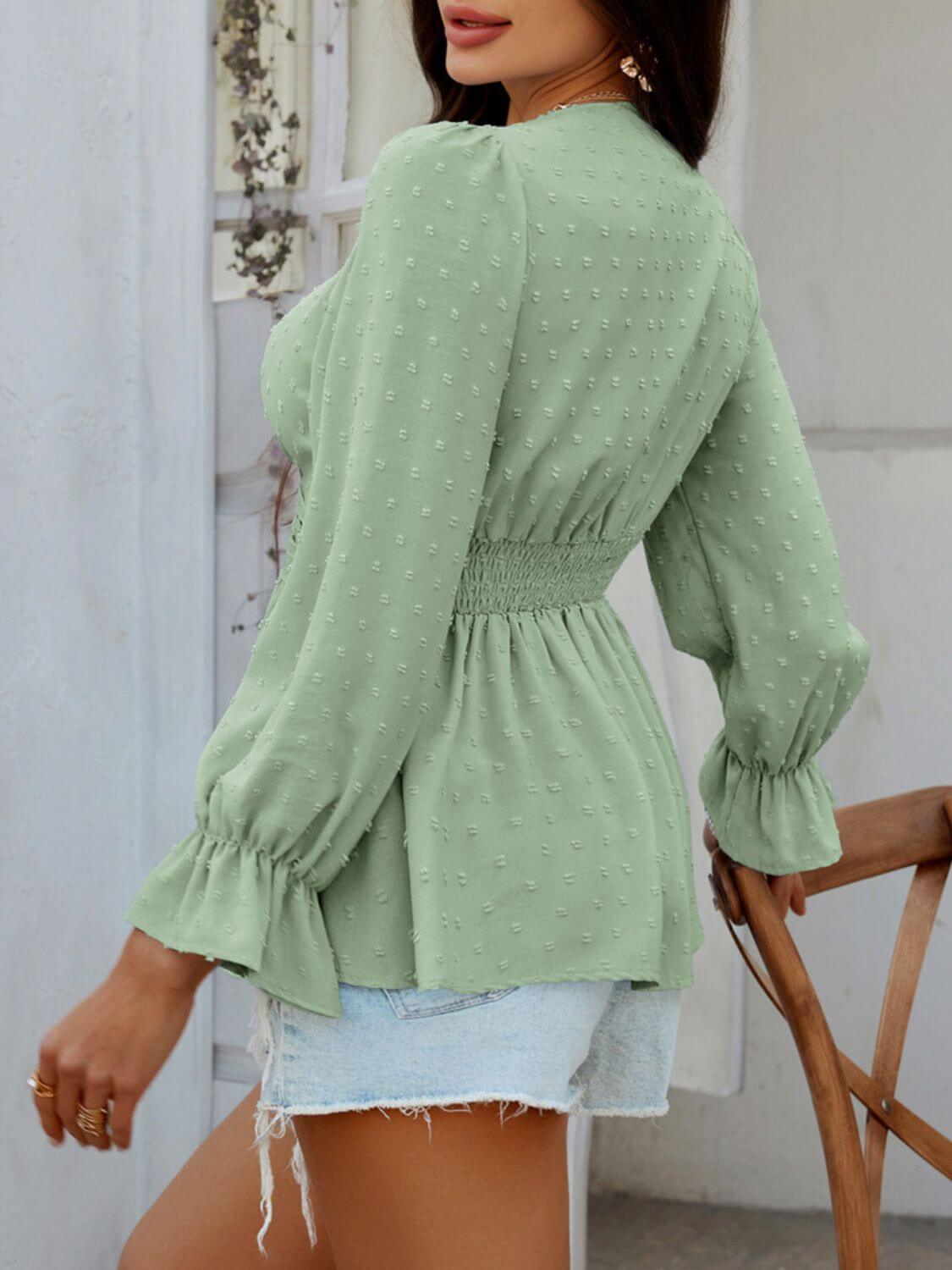 Devine Swiss Dot Lace Detail Surplice Flounce Sleeve Blouse - Clothes For Her Online Store