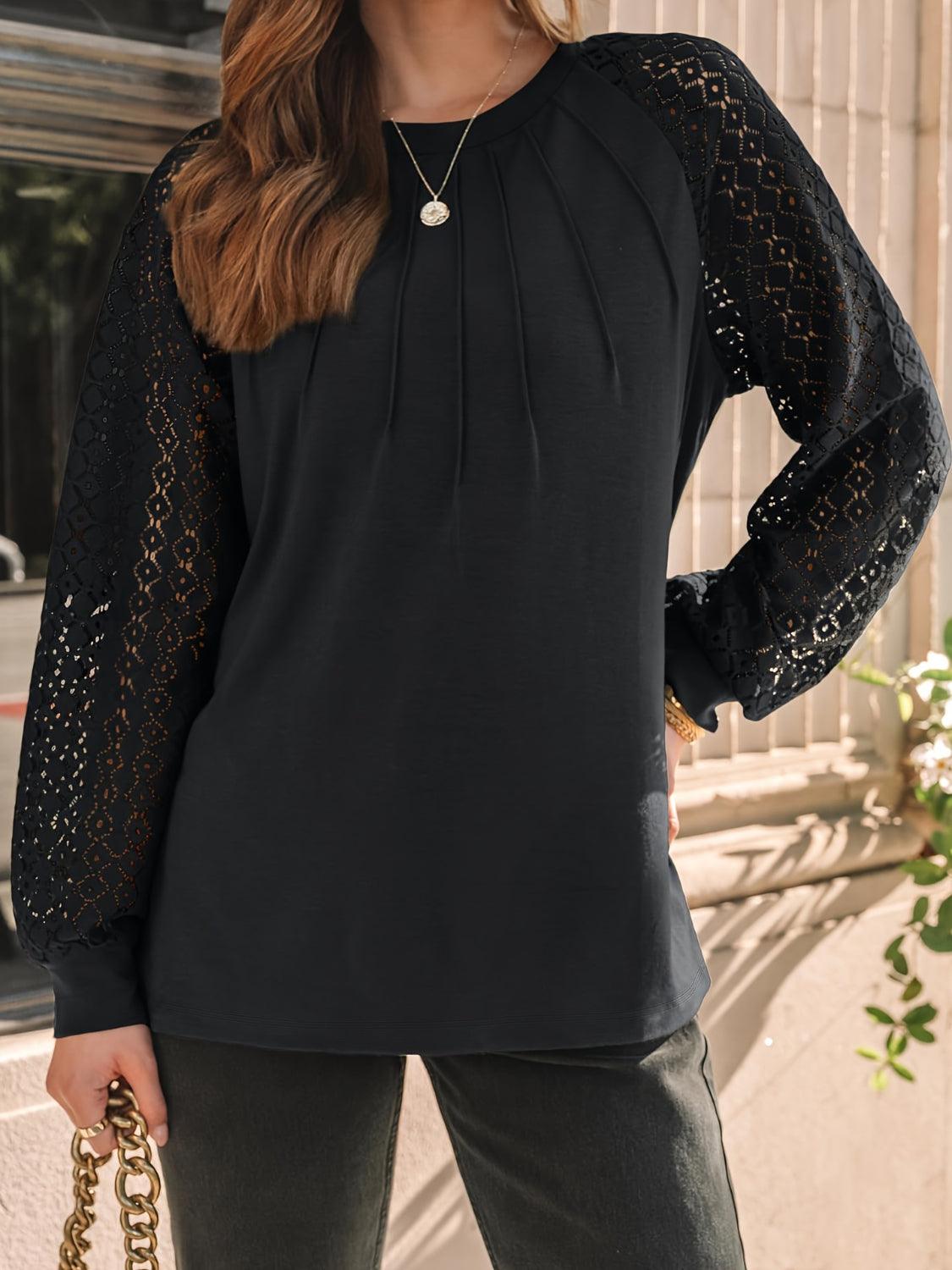 Eyelet Round Neck Long Sleeve Blouse - Clothes For Her Online Store