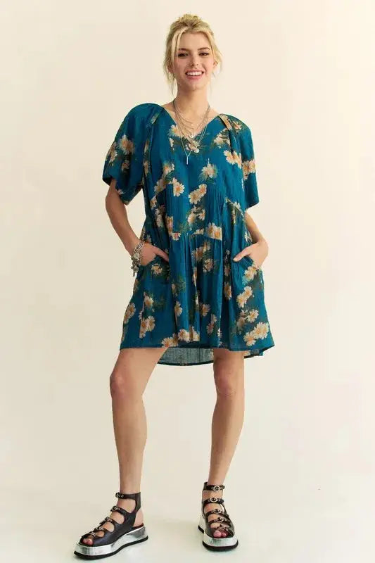 Davi & Dani Floral Print Short Bell Sleeve Pleated Mini Dress - Clothes For Her Online Store