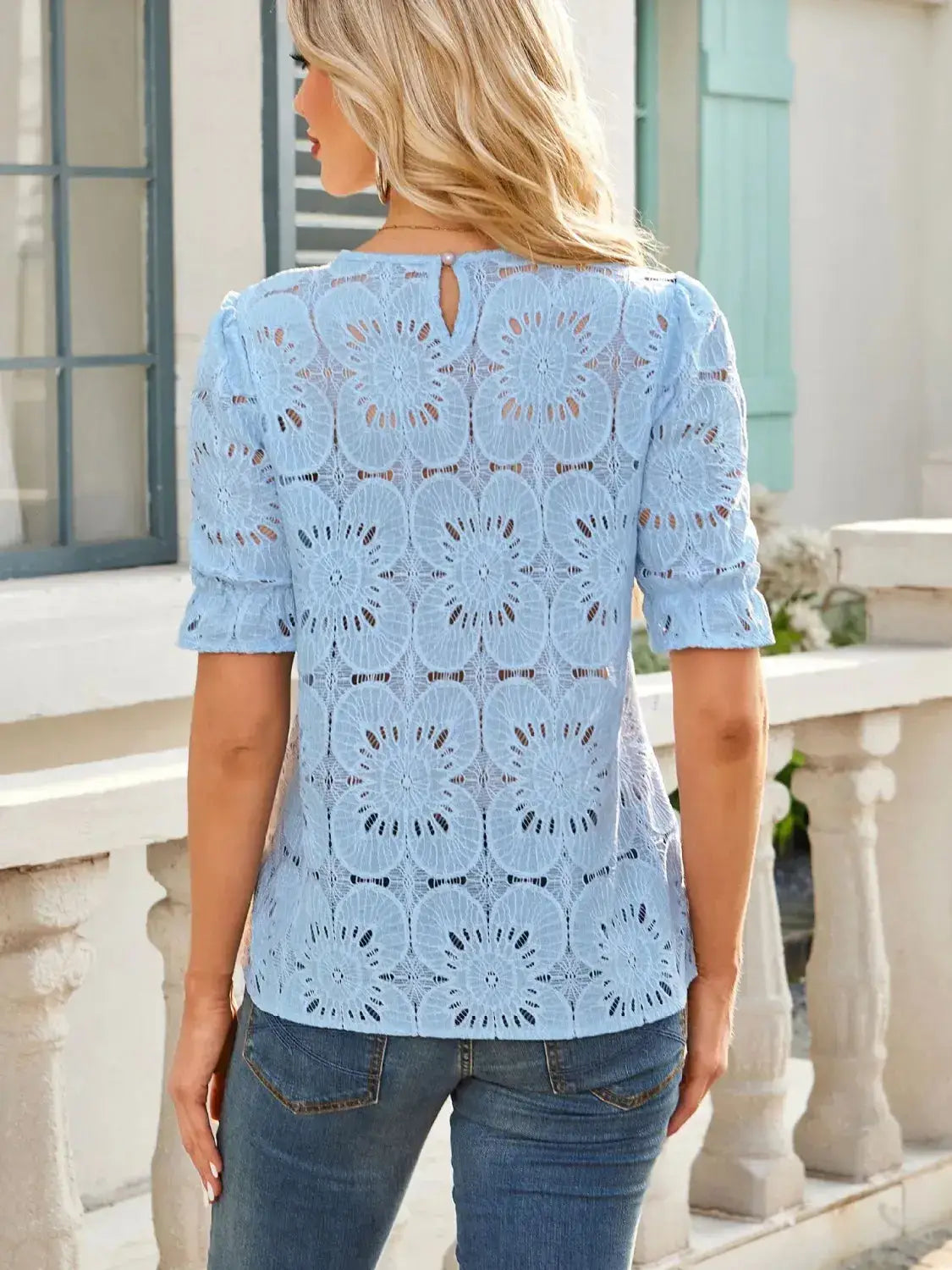 Openwork Round Neck Short Sleeve Top - Clothes For Her Online Store