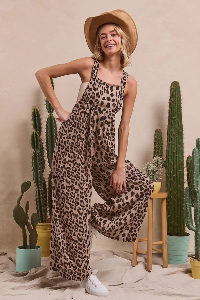 BiBi Leopard Print Wide Leg Overalls - Clothes For Her Online Store