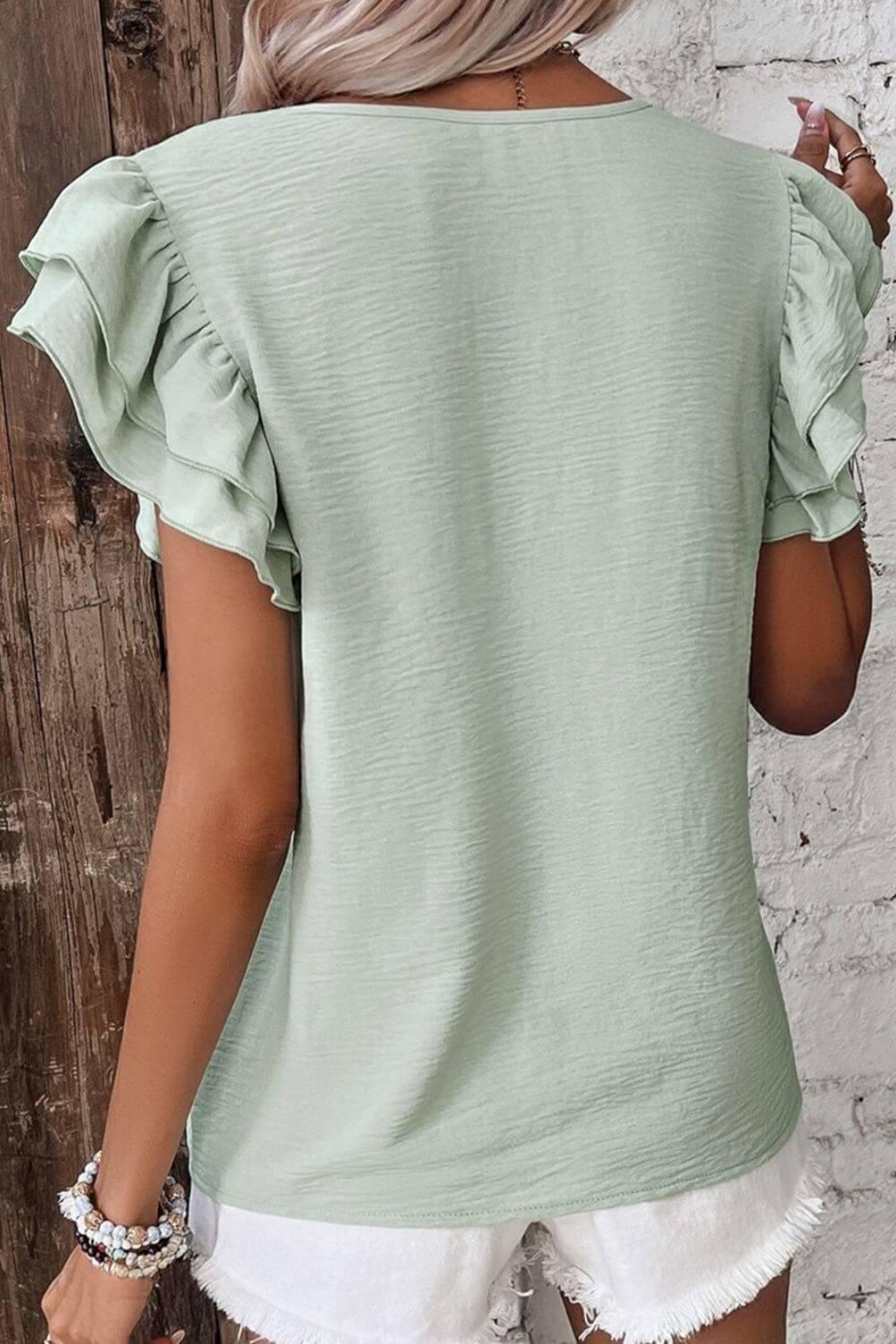 V-Neck Ruffled Cap Sleeve Blouse - Clothes For Her Online Store