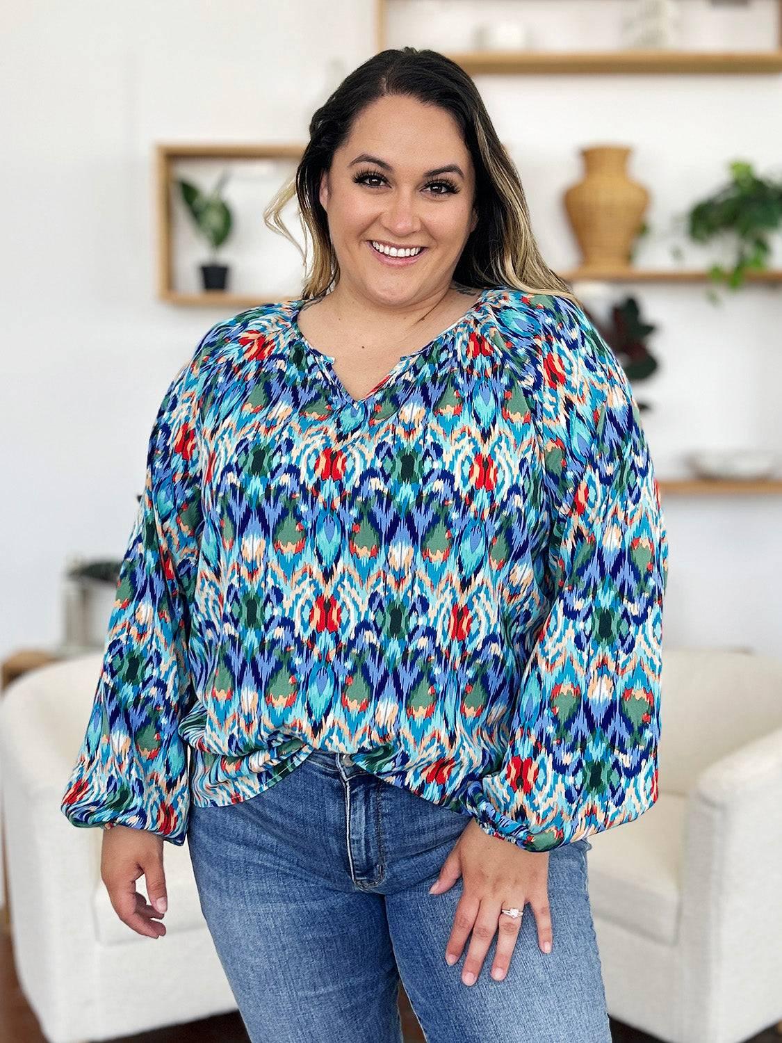 Double Take Full Size Printed Balloon Sleeve Blouse - Clothes For Her Online Store