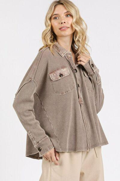 Mittoshop Mineral Wash Waffle Knit Collared Neck Henley Top - Clothes For Her Online Store