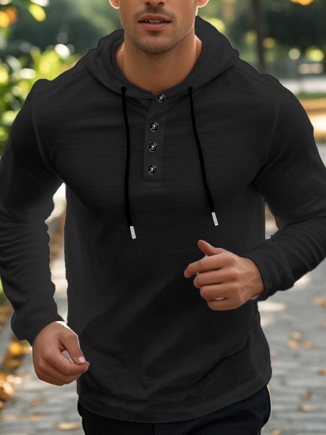 Men's Full Size Drawstring Button Detail Long Sleeve Hoodie Plus Size - Clothes For Her Online Store