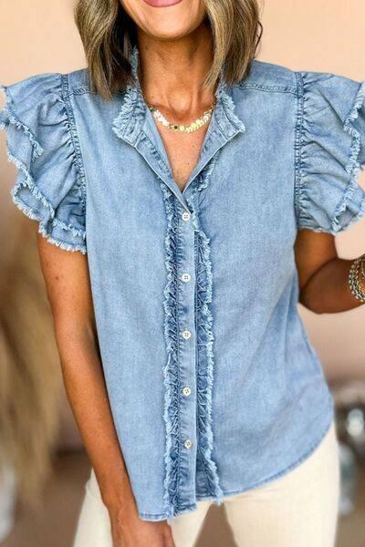 Button Down Raw Hem Ruffled Denim Shirt - Clothes For Her Online Store
