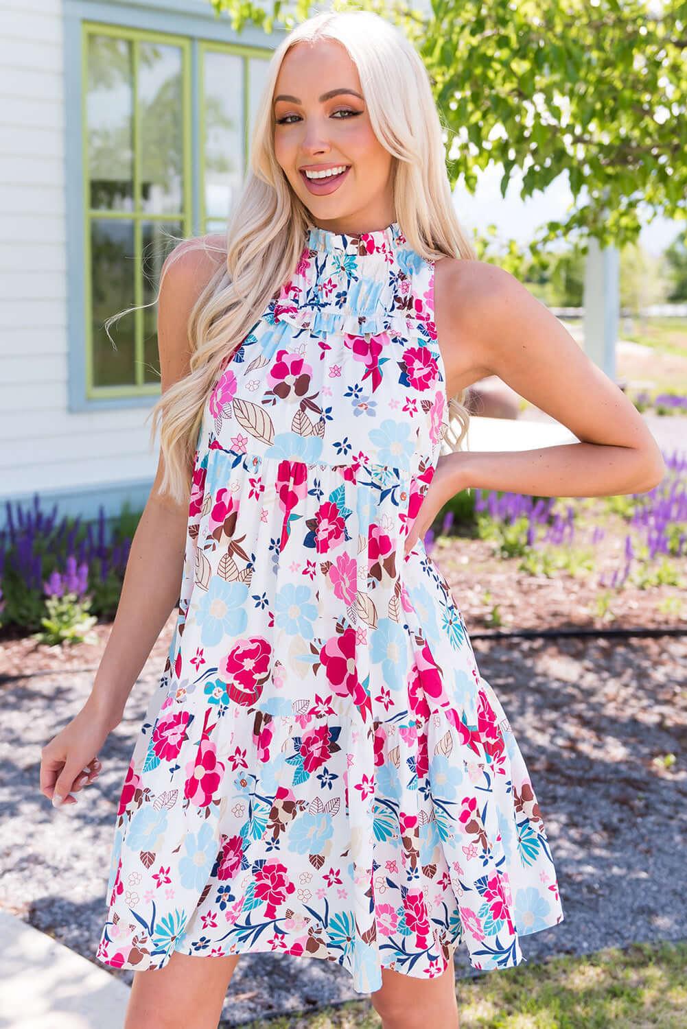 Floral Mock Neck Sleeveless Tiered Dress - Clothes For Her Online Store