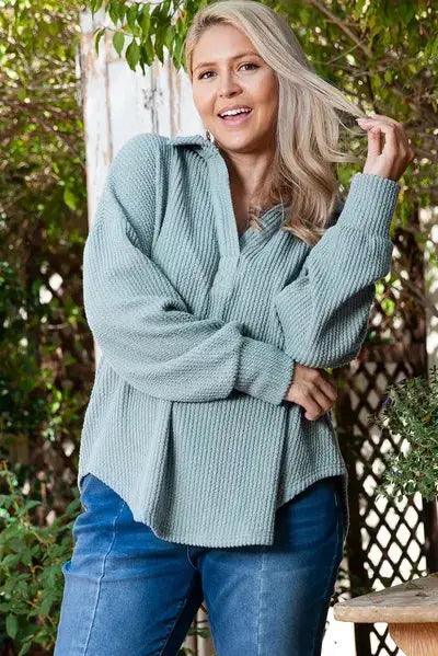 Plus Size Textured Johnny Collar Long Sleeve Sweatshirt - Clothes For Her Online Store