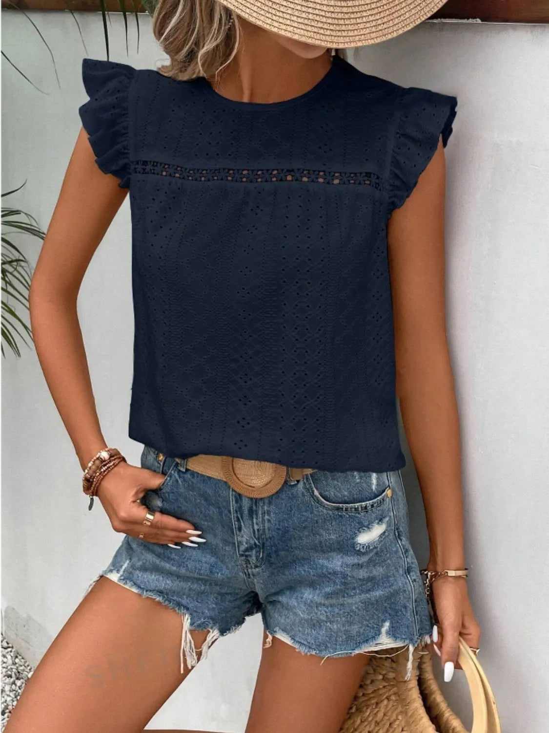 Eyelet Round Neck Cap Sleeve Top