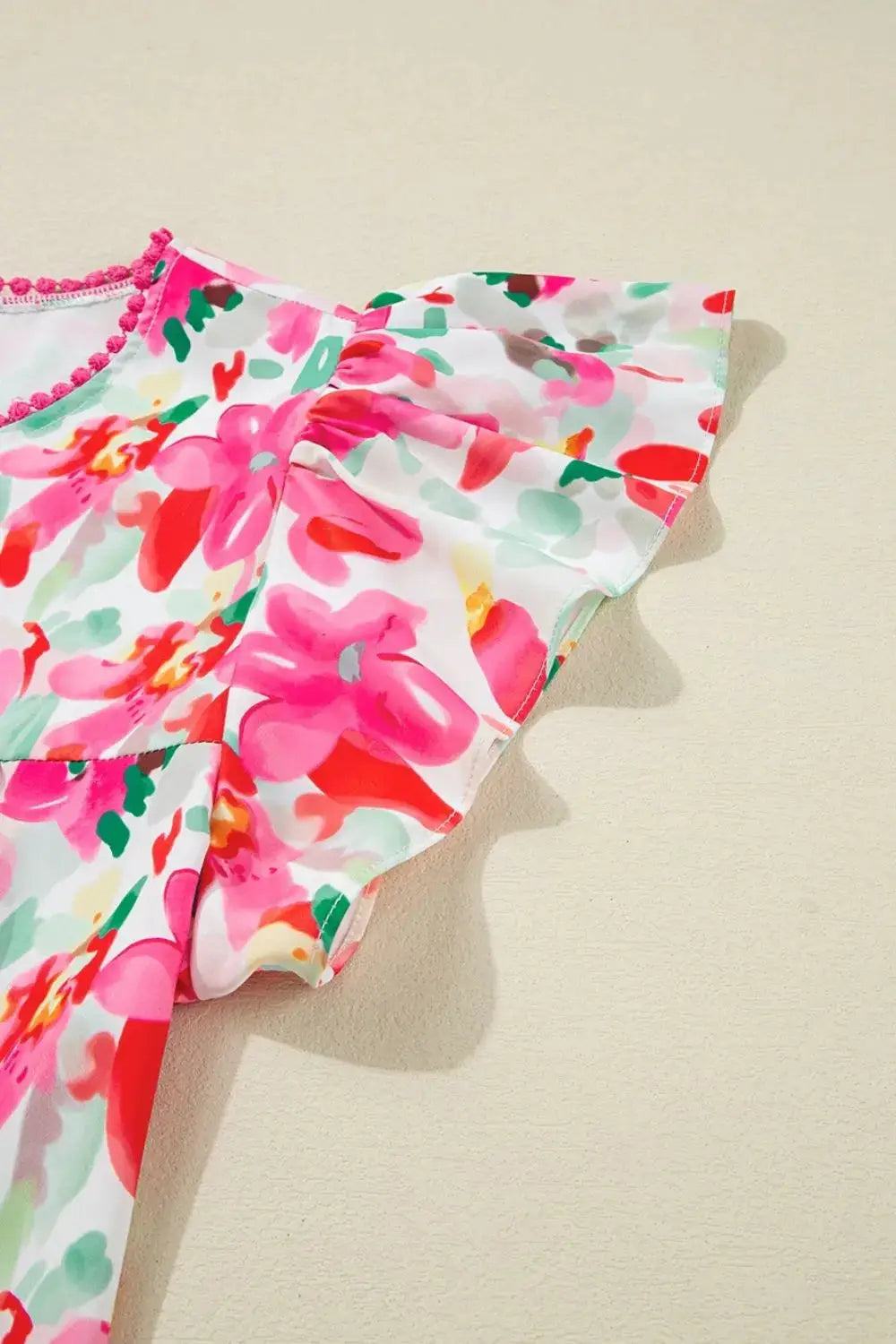 Floral Print Ruffle Sleeve Round Neck Blouse - Clothes For Her Online Store