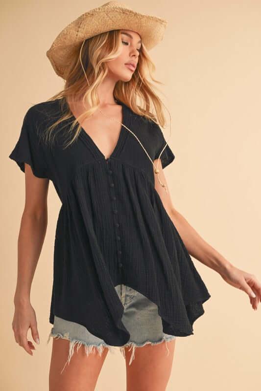 Aemi + Co Tuck Detail V-Neck Short Sleeve Blouse - Clothes For Her Online Store
