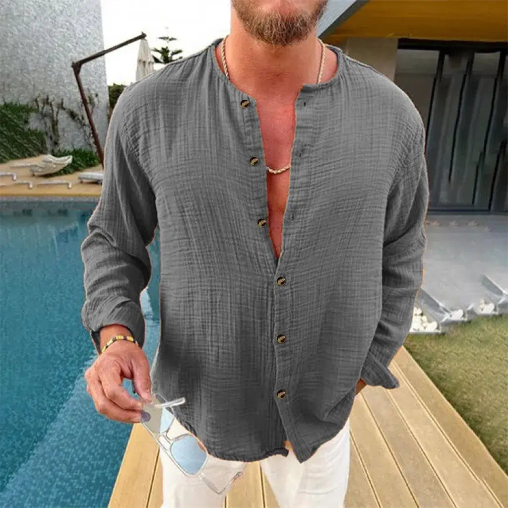 Men's Full Size Linen Button-Down Mandarin Collar Shirt Plus Size