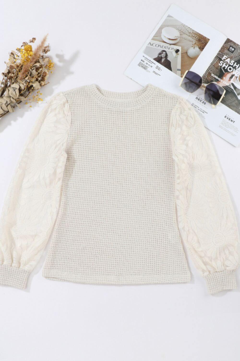 Mock Neck Lace Long Sleeve Top - Clothes For Her Online Store