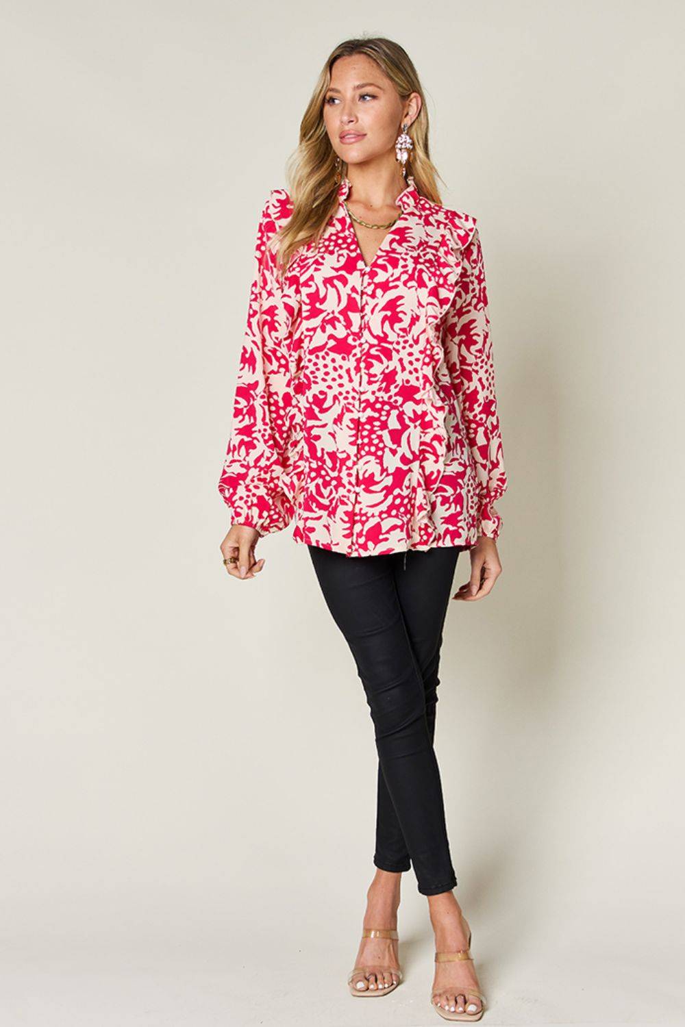 Double Take Full Size Printed Ruffle Trim Balloon Sleeve Shirt - Clothes For Her Online Store