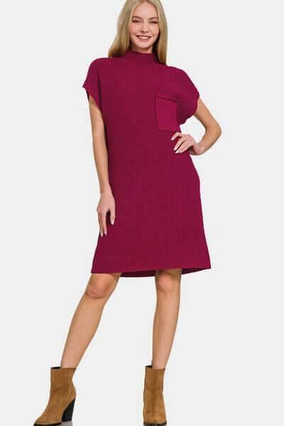 Zenana Mock Neck Short Sleeve Sweater Dress - Clothes For Her Online Store