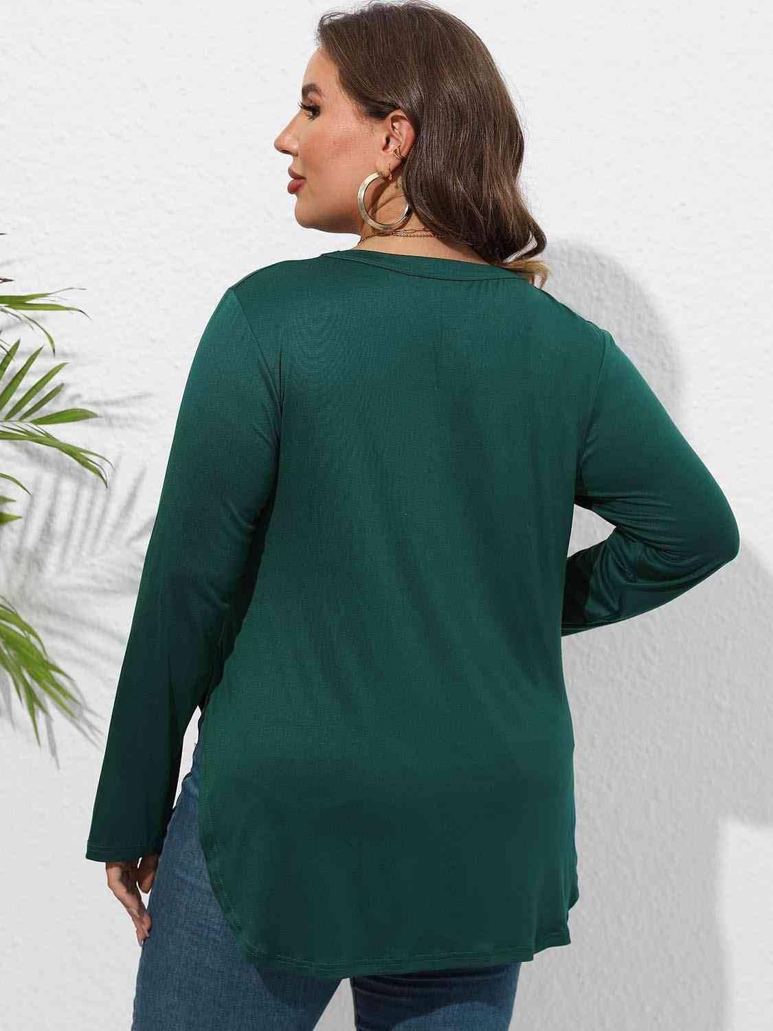 Plus Size Round Neck Long Sleeve Slit T-Shirt - Clothes For Her Online Store
