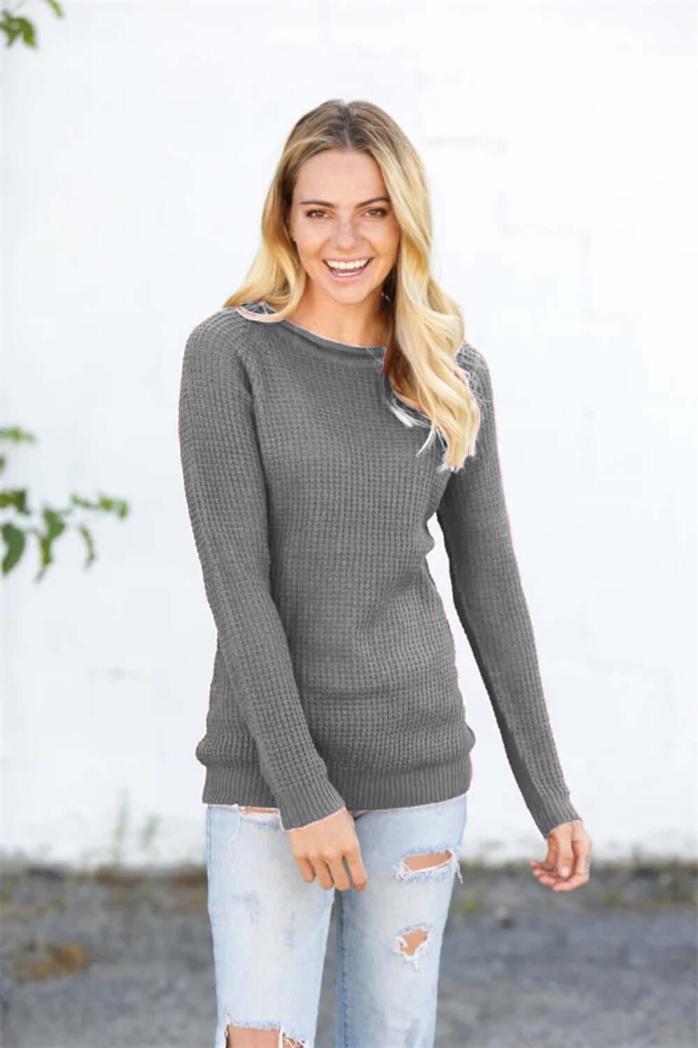 Round Neck Raglan Sleeve Sweater - Clothes For Her Online Store