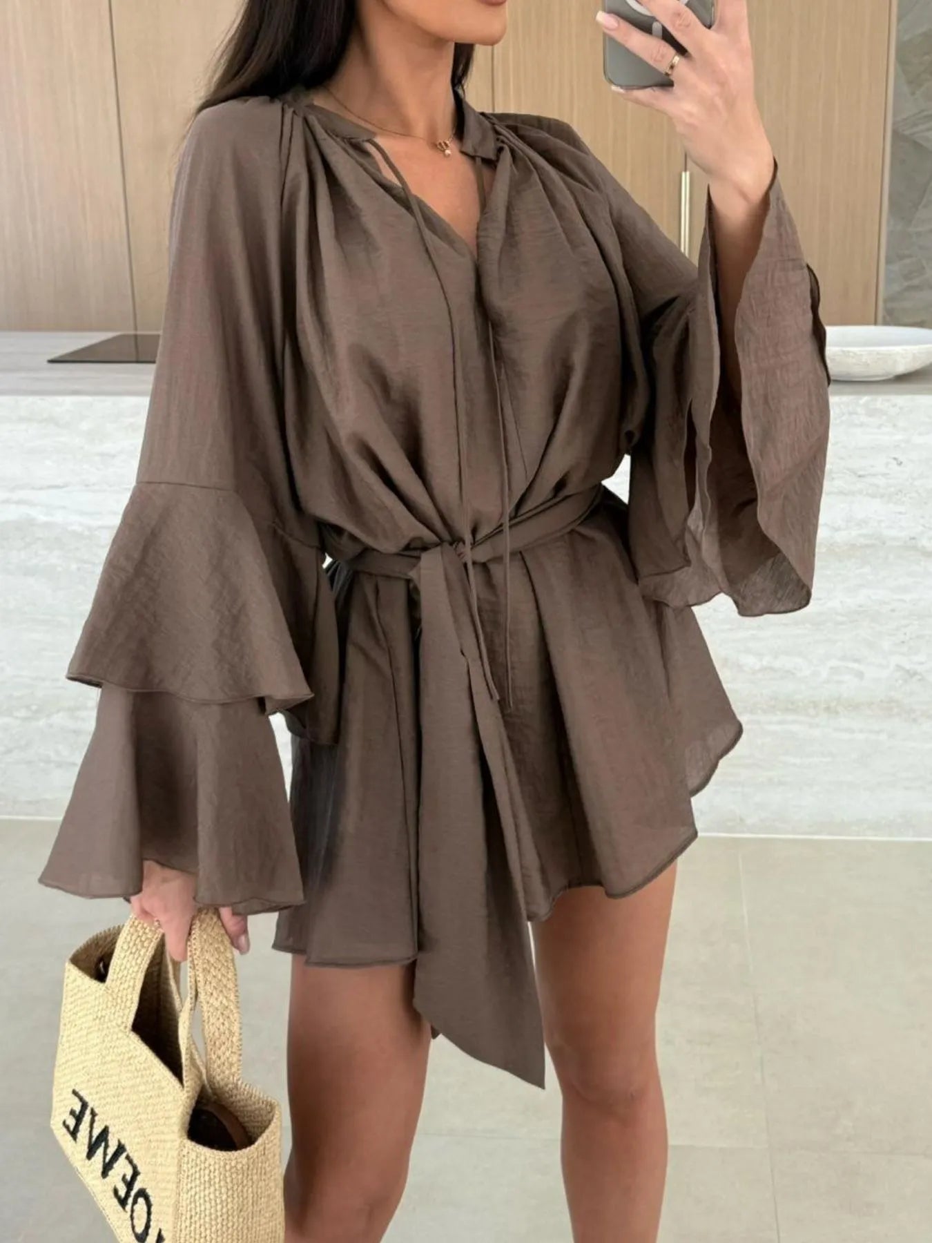 Bell Sleeve Tie Waist Mini Shirt Dress