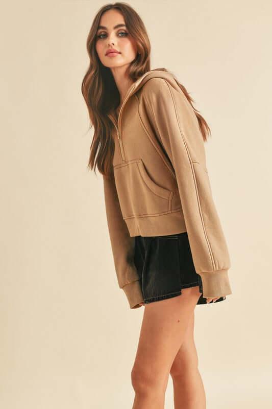 Aemi + Co Half Zip Raglan Sleeve Hoodie with Kangaroo Pocket - Clothes For Her Online Store