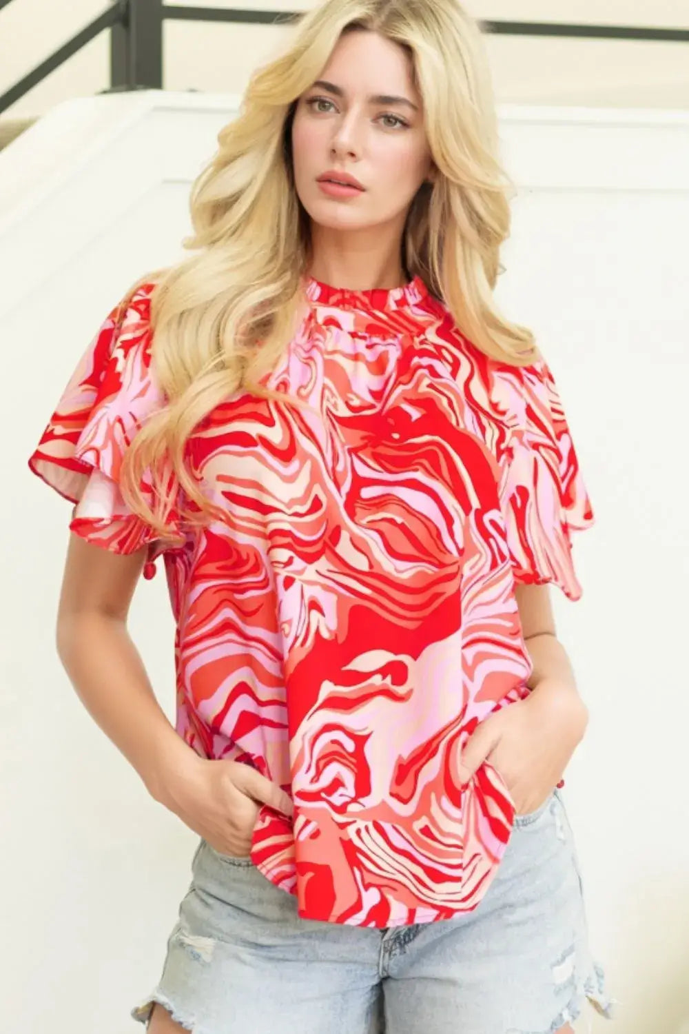 Abstract Print Ruffled Short Sleeve Mock Neck Blouse