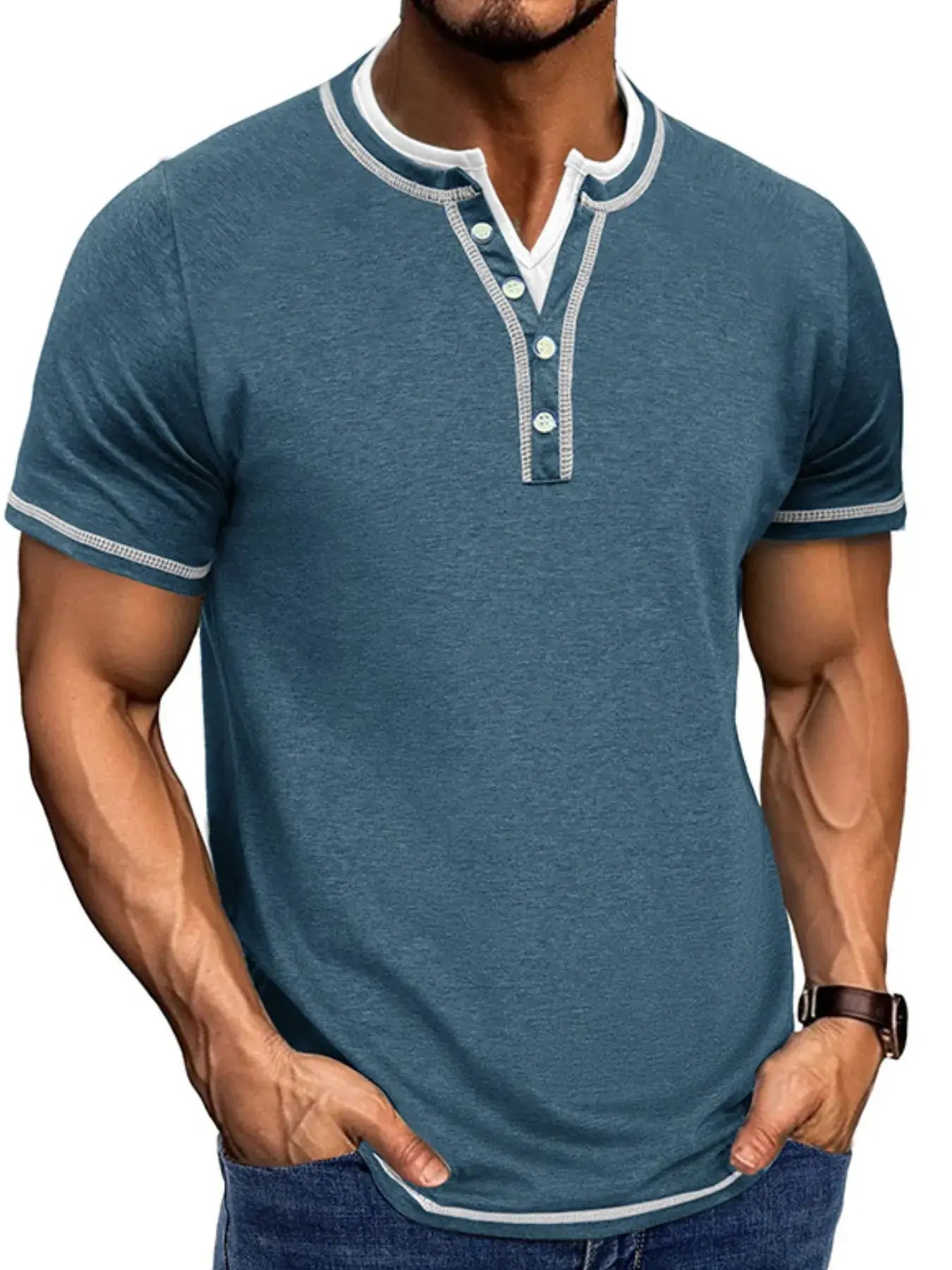 Men's Casual Henley Polo Shirt with Contrast Trim