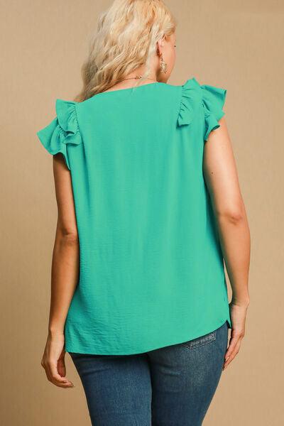 Umgee Full Size V-Neck Double Layered Ruffle Sleeve Blouse Plus Size - Clothes For Her Online Store