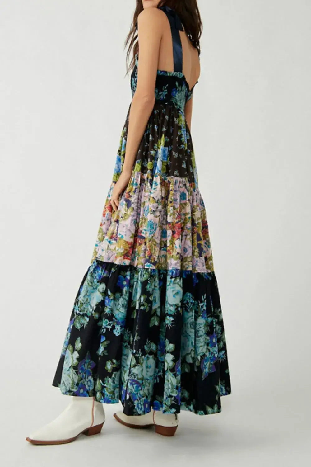 Floral Tiered Maxi Dress with Mixed Print Design