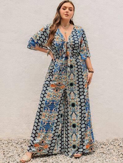 Plus Size Printed Half Sleeve Wide Leg Jumpsuit - Clothes For Her Online Store