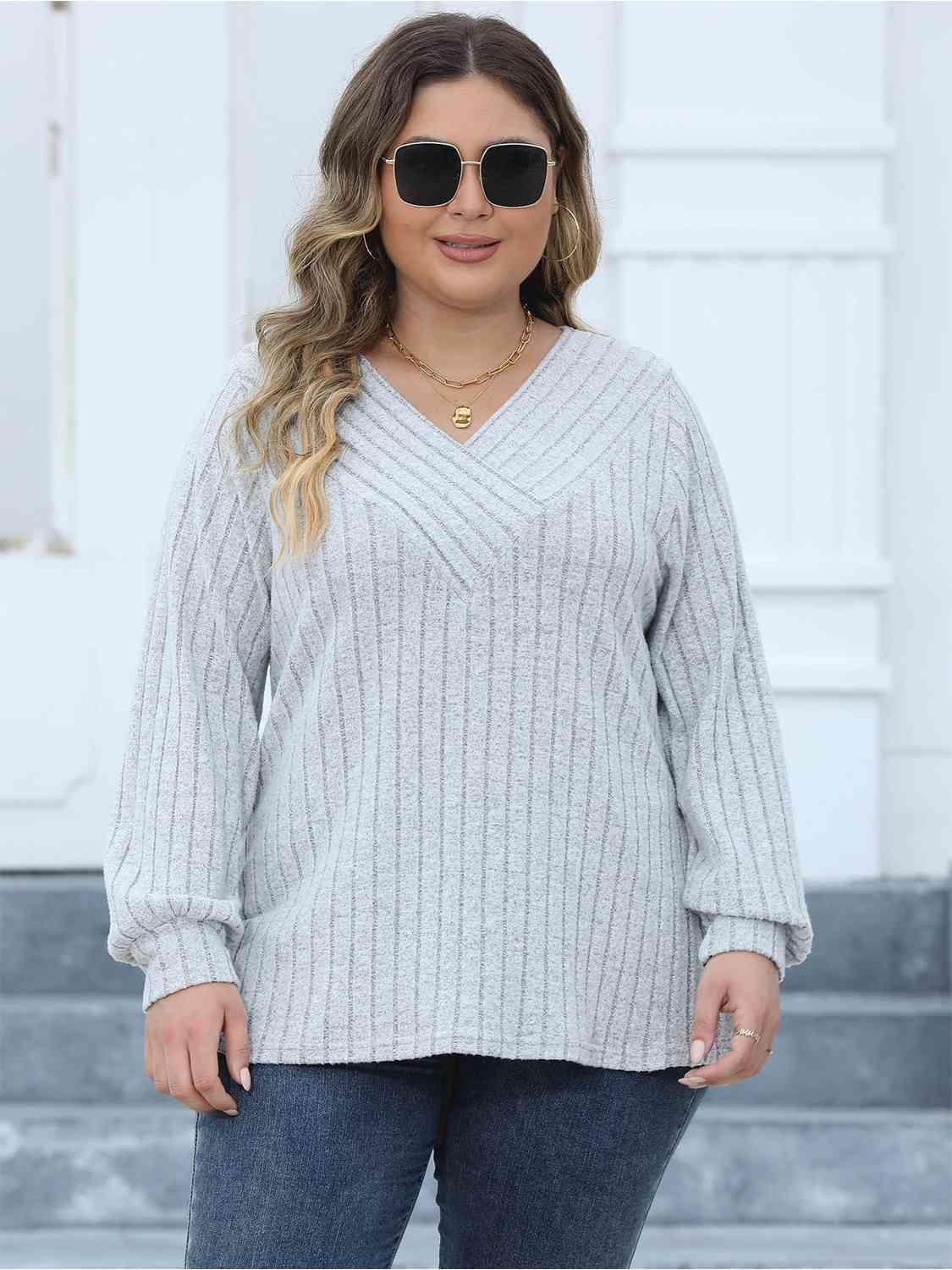Plus Size Ribbed V-Neck Long Sleeve Top - Clothes For Her Online Store
