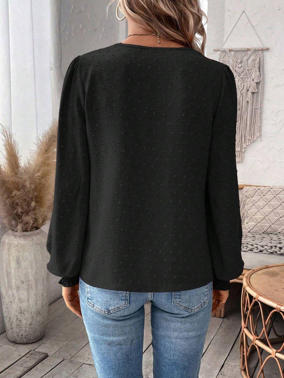 Swiss Dot Lace Detail Notched Long Sleeve Blouse - Clothes For Her Online Store