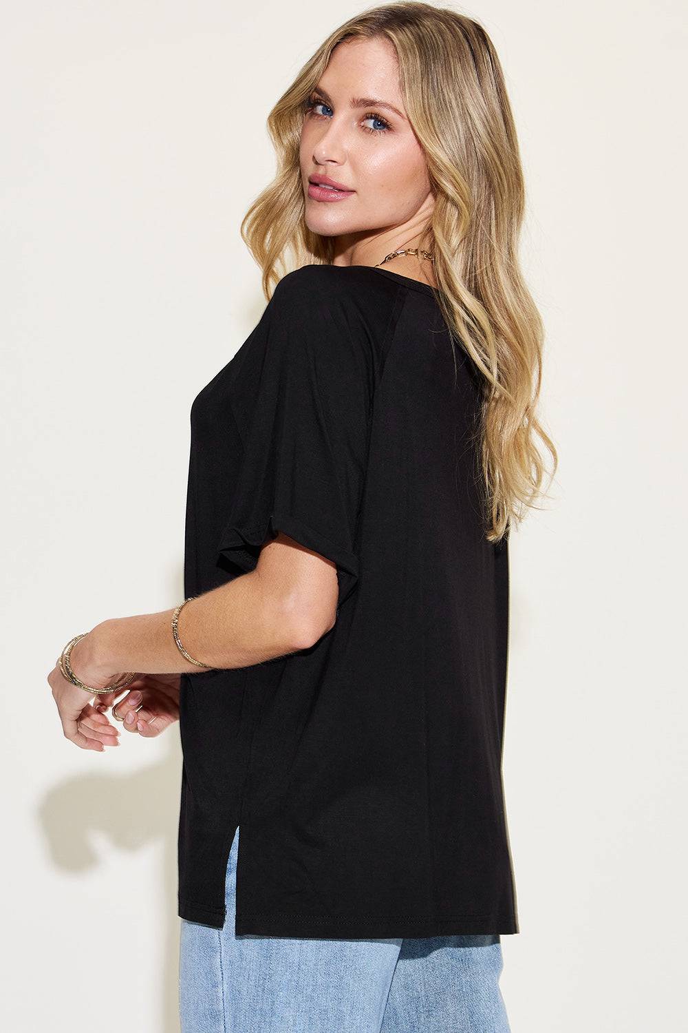 Basic Bae Full Size Bamboo Slit V-Neck Short Sleeve T-Shirt - Clothes For Her Online Store