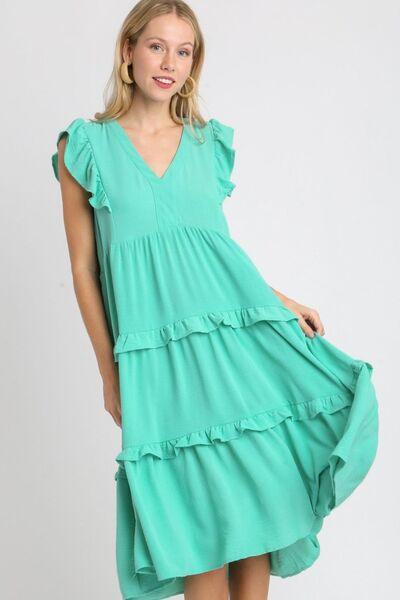 Umgee Full Size Ruffle Tiered Cap Sleeve Midi Dress Plus Size - Clothes For Her Online Store