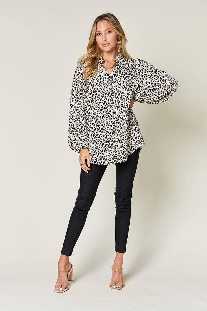 Double Take Full Size Leopard Long Sleeve Blouse - Clothes For Her Online Store