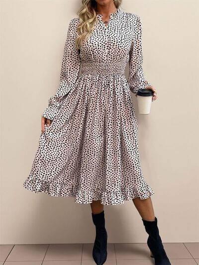 Perfee Ruched Ruffled Leopard Long Sleeve Dress - Clothes For Her Online Store