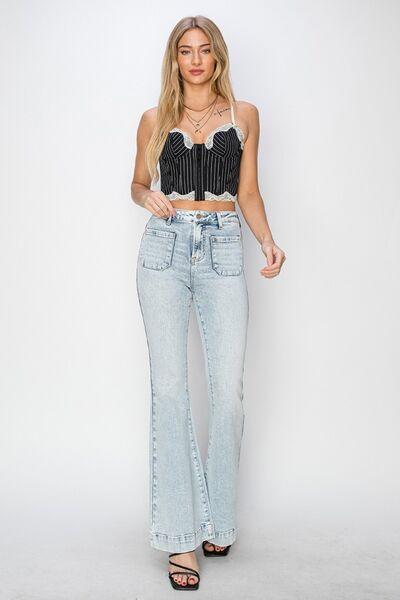 Risen Full Size High Rise Front Patch Pocket Flare Jeans - Clothes For Her Online Store