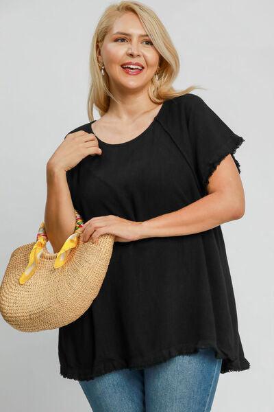 Umgee Full Size Seam Detail Linen Ruffle Fringe Edge Top Plus Size - Clothes For Her Online Store