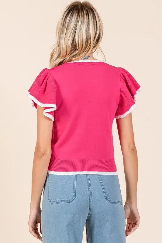 Mittoshop Contrast Trim Ruffled Cap Sleeve Knit Top
