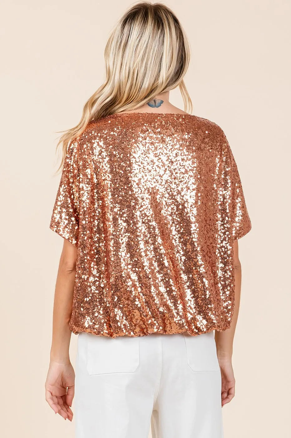 Mittoshop Sequin Short Sleeve Elastic Band Hem Top