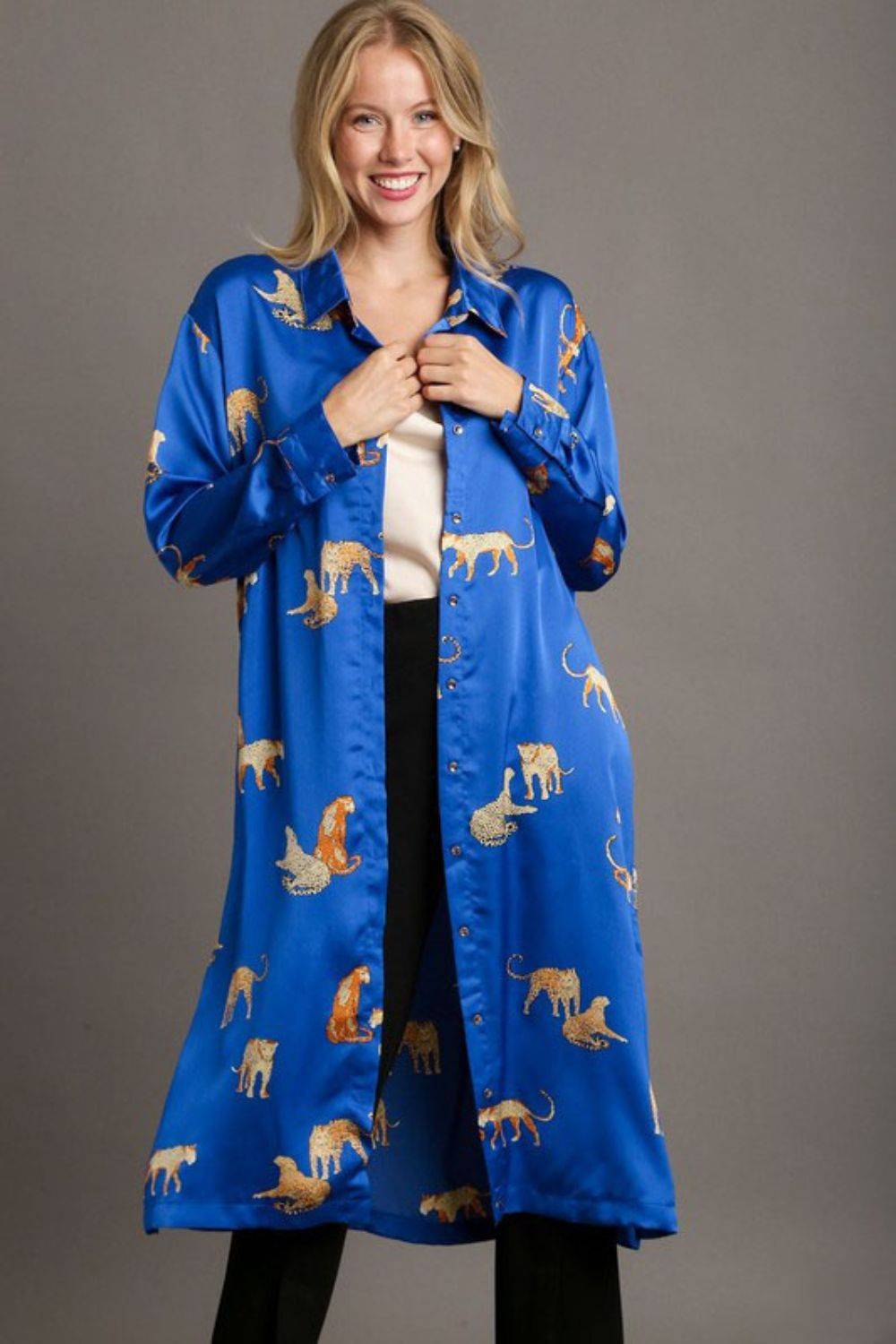 Umgee Full Size Animal Print Button Down Midi Shirt Dress Plus Size - Clothes For Her Online Store