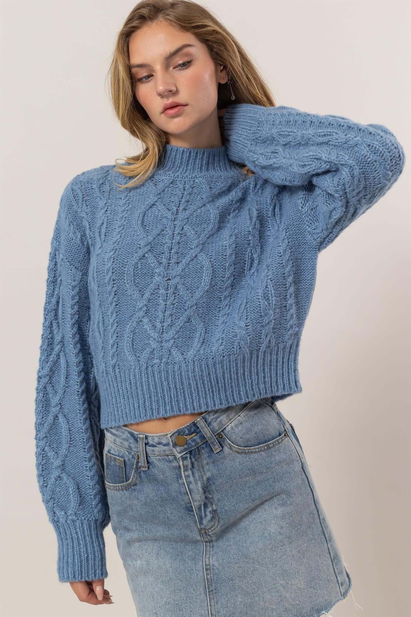 HYFVE Cable-Knit Mock Neck Dropped Shoulder Sweater - Clothes For Her Online Store