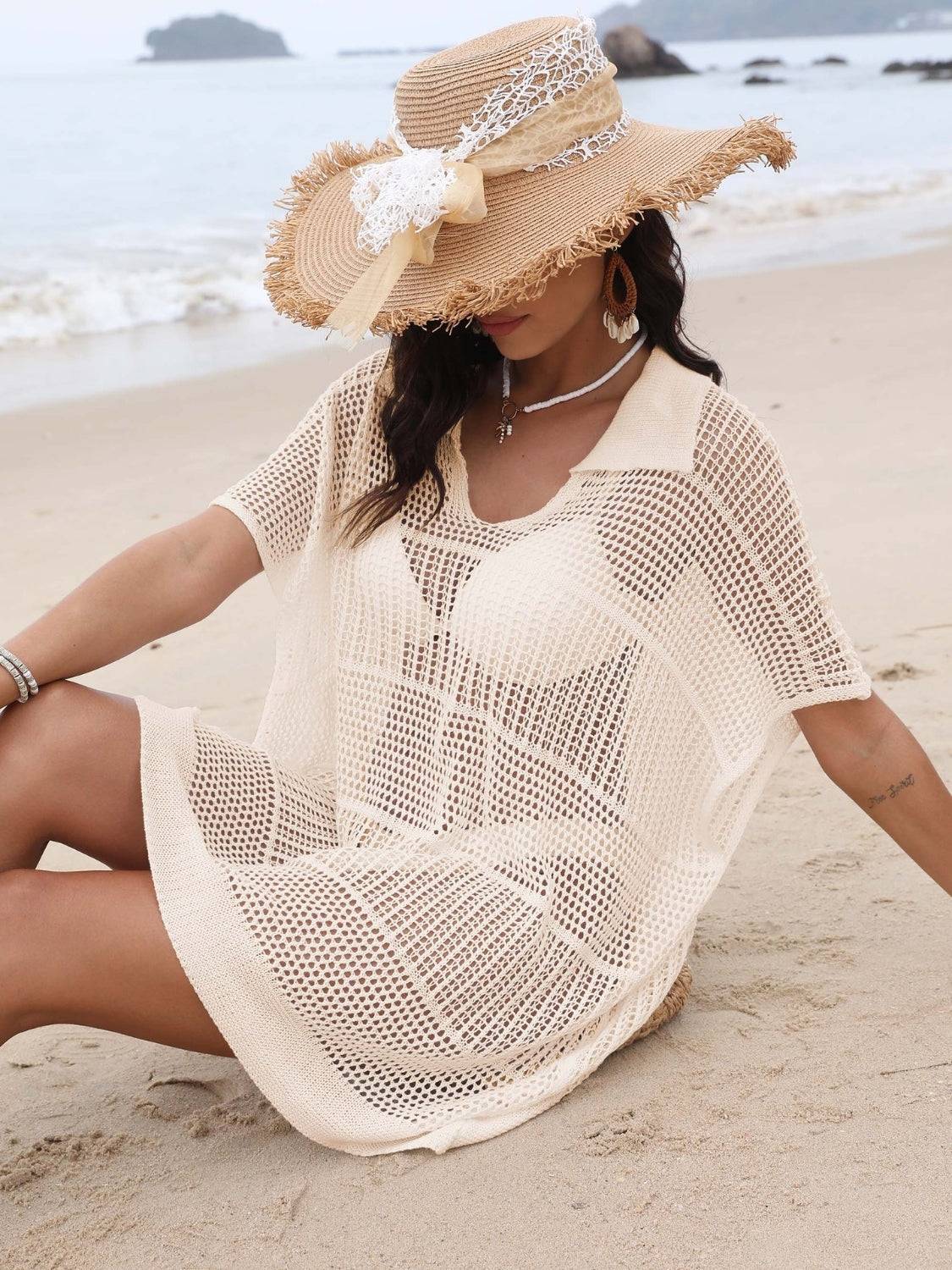 Hollow Out Collared Neck Cover-Up - Clothes For Her Online Store