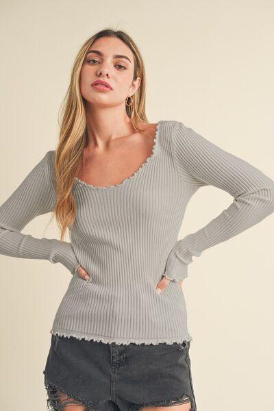 Aemi + Co Lettuce Hem Scoop Neck Long Sleeve Knit Top - Clothes For Her Online Store