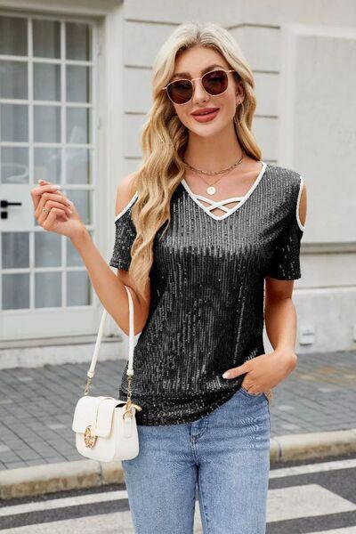 Sequin Crisscross V-Neck Cold Shoulder Blouse - Clothes For Her Online Store
