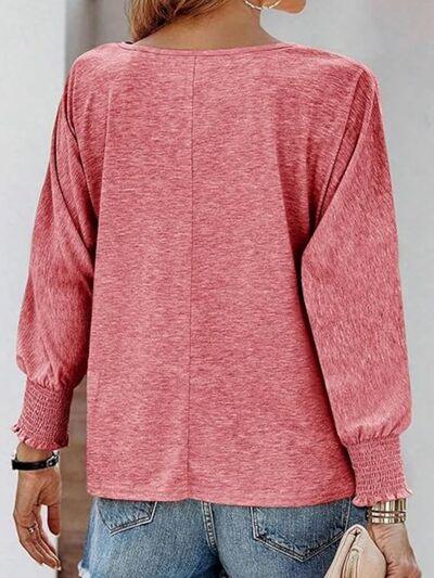 Round Neck Smocked Lantern Sleeve T-Shirt - Clothes For Her Online Store