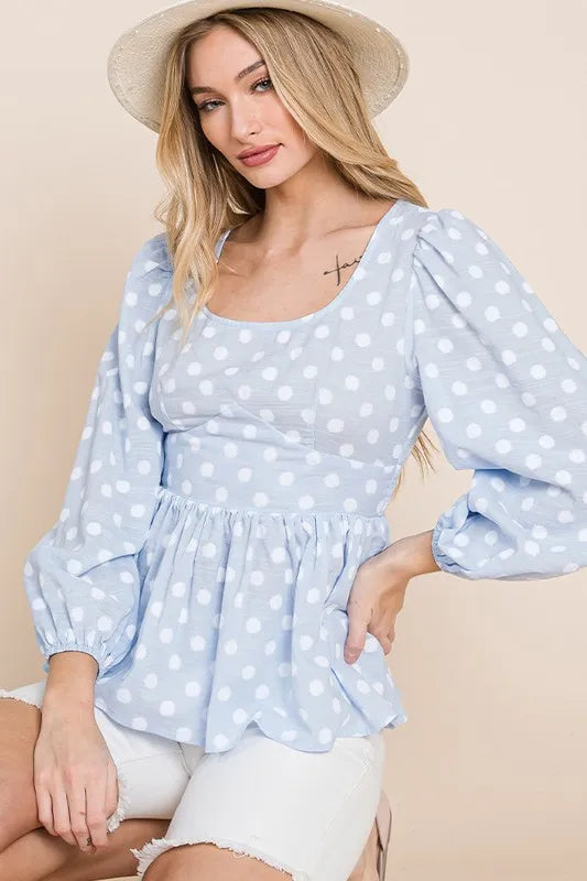 Lime 'N' Chili Polka Dot Print Balloon Sleeve Babydoll Peplum Top