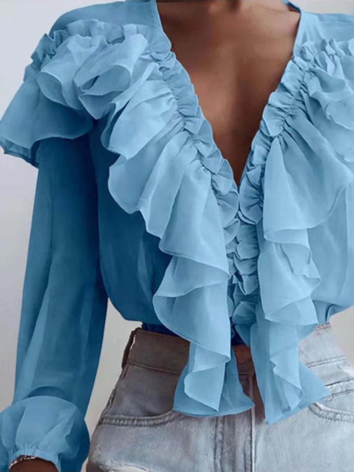 Ruffled V-Neck Long Sleeve Blouse - Clothes For Her Online Store