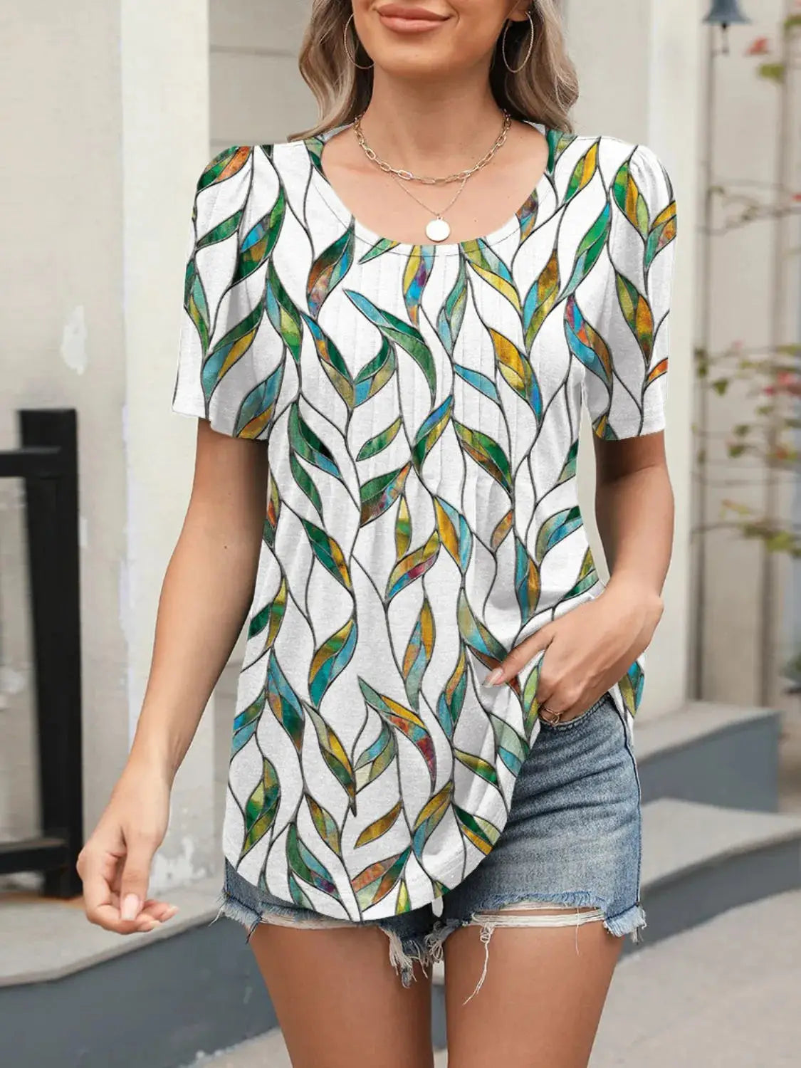 Floral Round Neck Short Sleeve Top - Clothes For Her Online Store