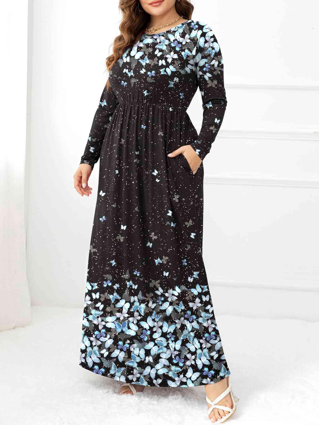 Plus Size Round Neck Maxi Dress with Pockets - Clothes For Her Online Store