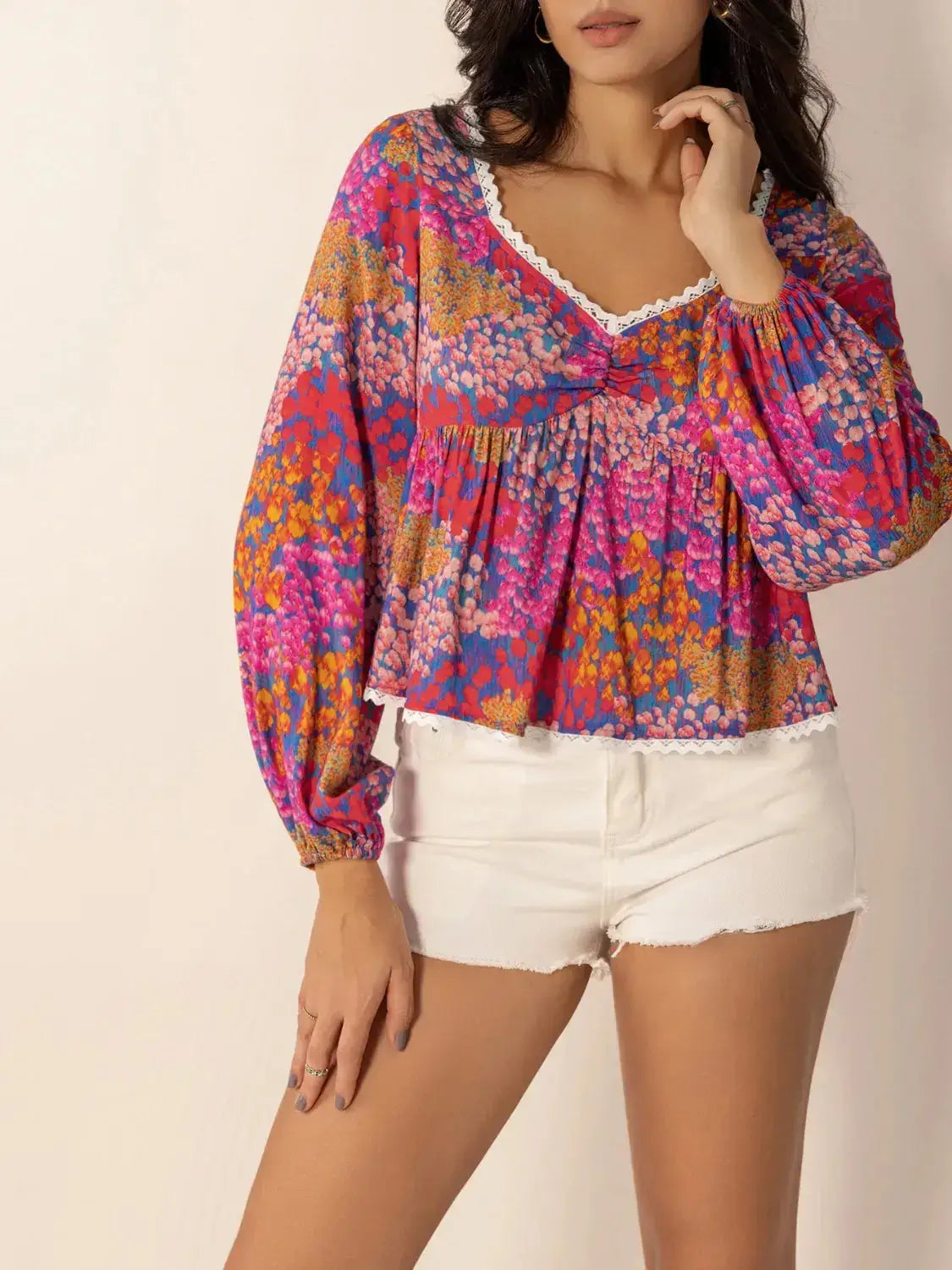 Lace Detail Printed Balloon Sleeve Top - Clothes For Her Online Store