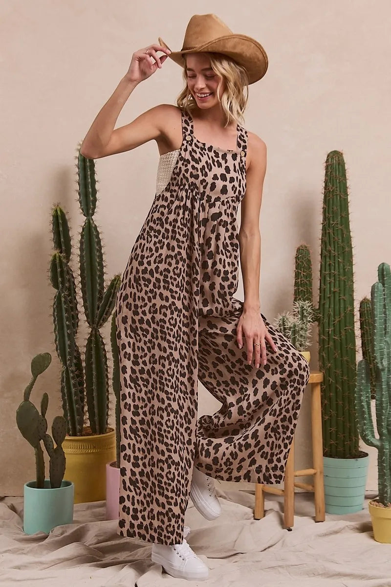BiBi Leopard Print Wide Leg Overalls - Clothes For Her Online Store